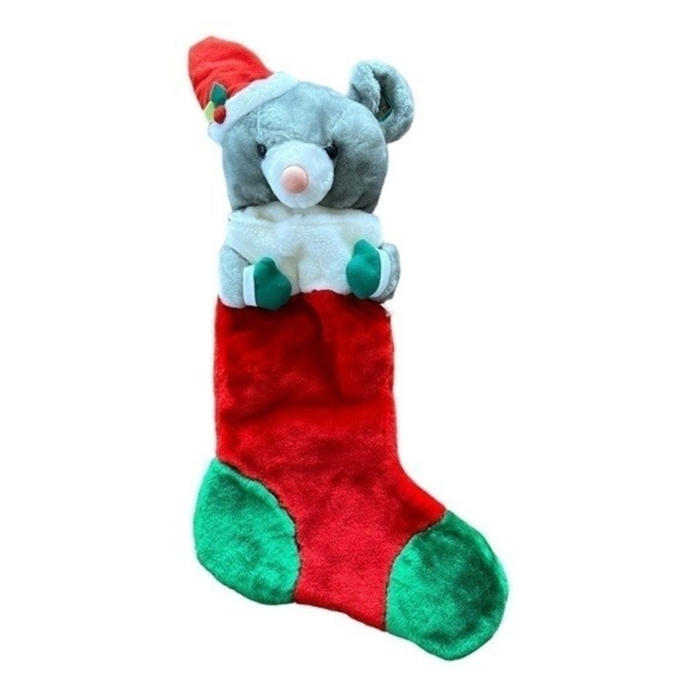 Hooked Grey Mouse Plush Christmas Stocking 28"x12" 3D Handmade Holiday Decor